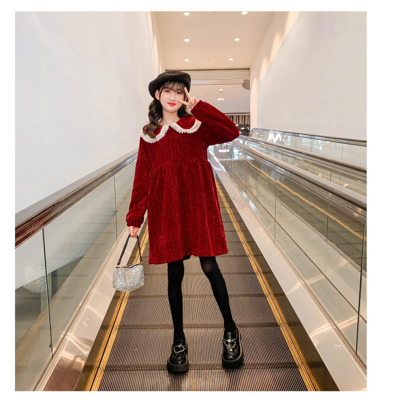 Girls dress children's clothing spring and autumn winter outfit red corduroy princess dress girl skirt hot new products