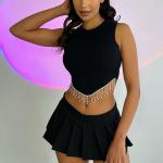 Women Casual Dress Sexy Crop Sleeveless Top With Metal Chain Fringe Vest Midi