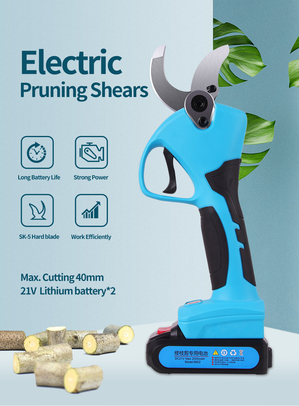 Swansoft New Type 4.0CM Cordless Electric Pruner Eletric Pruning Shears for Vineyard and Orchard with LED Screen Display