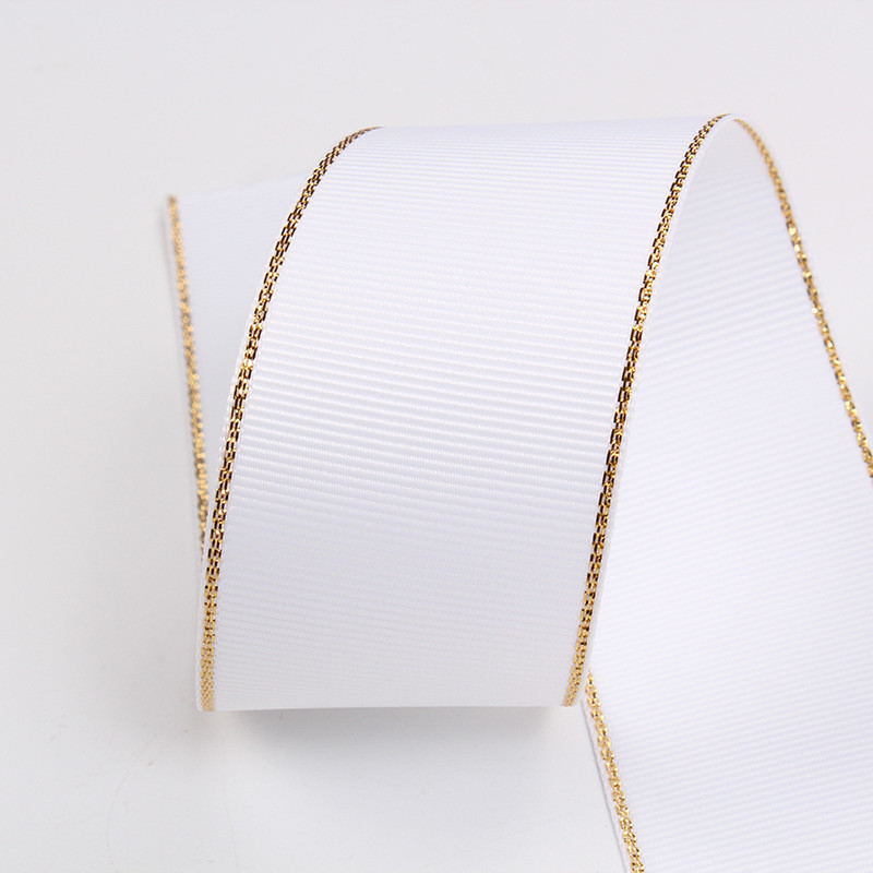 2.5cm Polyester Gold Edge Double Face Grosgrain Ribbon for Christmas Tree and Bag Handles