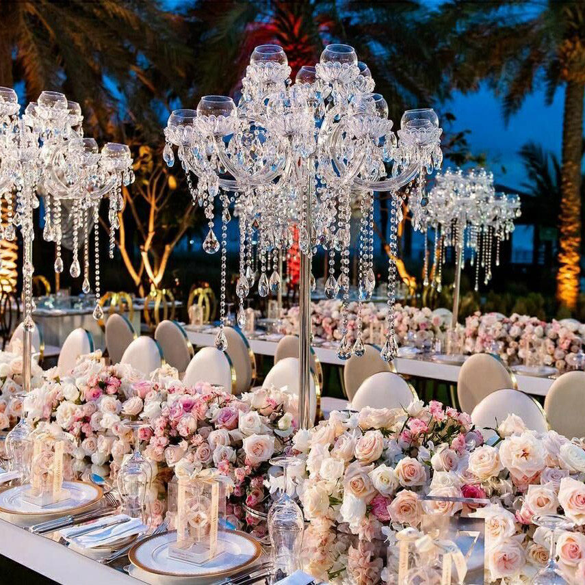 15 Arms Gold Tall Lead Crystal Candelabras Centerpieces Beaded For Wedding Table