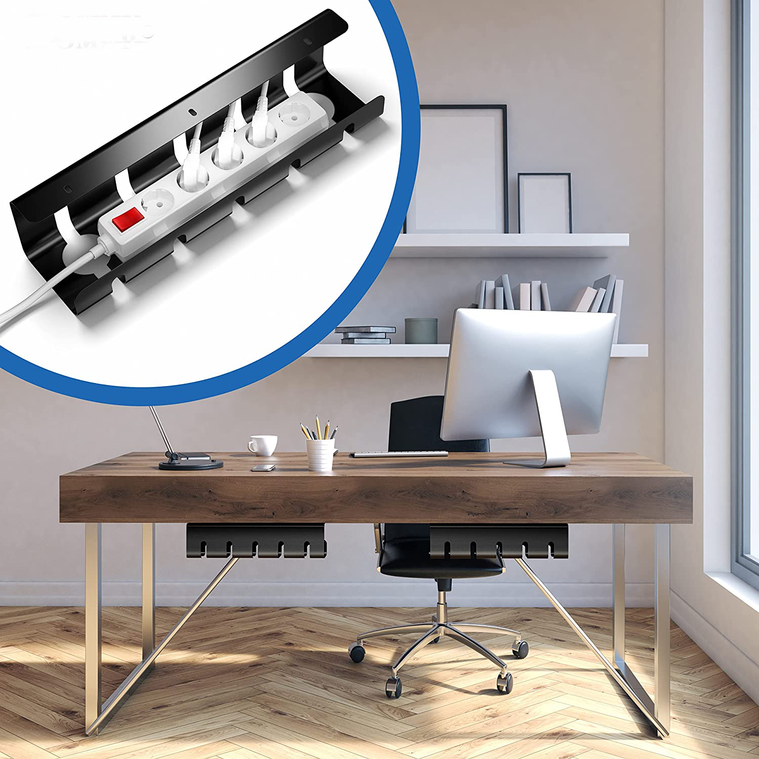 Black Steel Cable Tray for Office Meeting Table Under Desk Cable Management Organizer