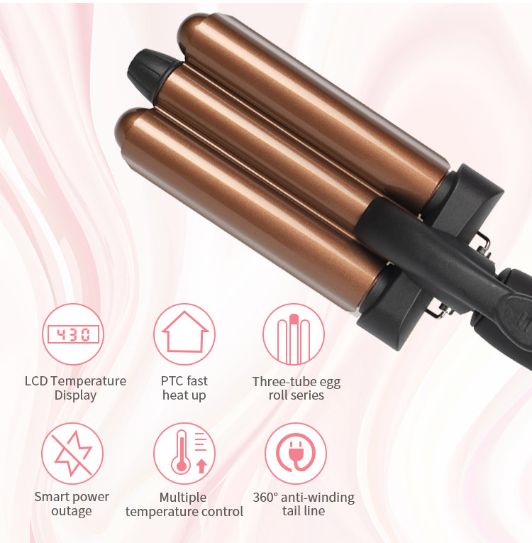 PTC 50HZ 60HZ Three Barrel Hair Waver , LCD Beach Waves Curling Wand
