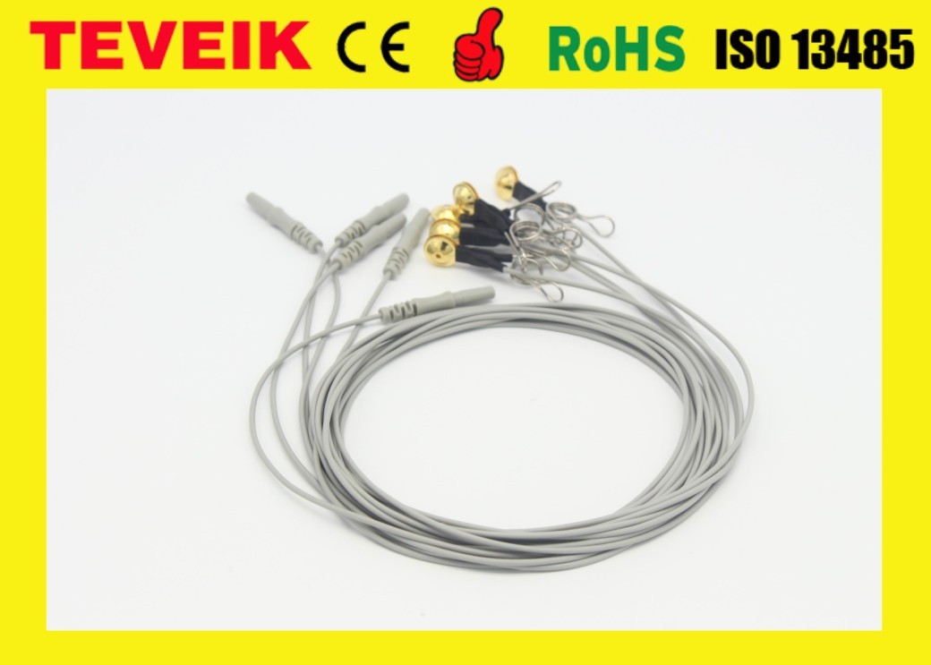 Reusable Medical Neurofeedback TPU Gold Pated Copper DIN 1.5mm Ear-Clip EEG Electrode Cable