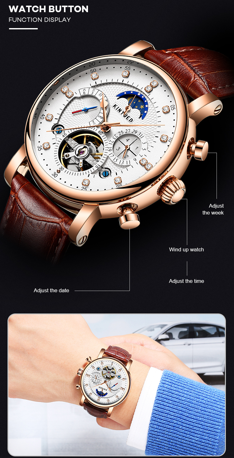 Automatic Mechanical Watch Leather Moon Phase With Diamond Crystal Mechanical Watch For Men