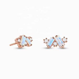 Quality Rainbow Moonstone Earrings Baguette cut Natural Moonstone Stud Earring Jewelry wholesale