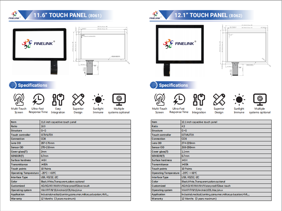 10.1-21.5 Inch G G PCAP Touch Panel Capacitive Touch Panel For Industrial