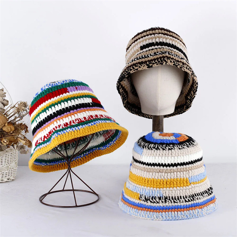Custom Crochet Hat Autumn Winter Colored Handmade Striped Knitted Versatile Crochet Bucket Hats Thick Women Fisherman Cap