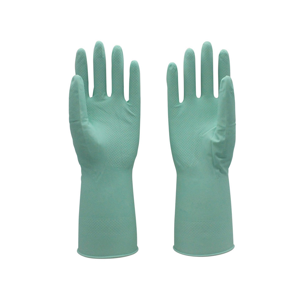 Green Color Latex Cotton Lined Rubber Gloves Different Sizes For Washing Dishes