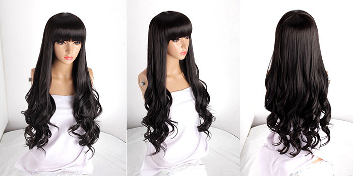 European Fashion Neat Bang Hair Wig Long Wave High Tempreture Synthetic Fiber