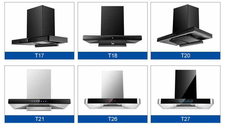 Sky Blue Glass Stainless Steel T Shape Chimney Hood Electric 183W Low Noise Wall Mounted Kitchen Range Hood