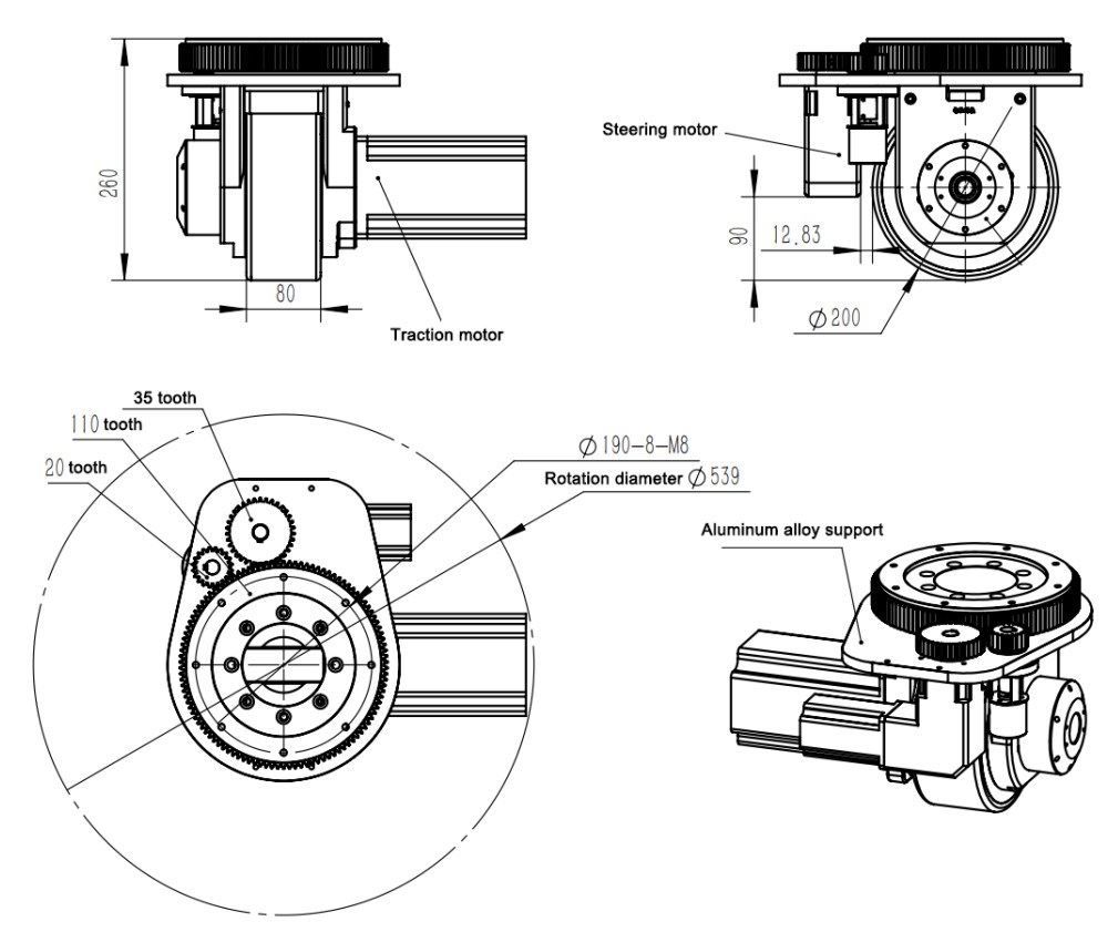 2T AGV AC Motor Drive Wheel With Steering 24V 1300W DC Motor