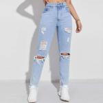 Cotton Fashion Casual Pants Ripped High Street Wear Solid Jeans
