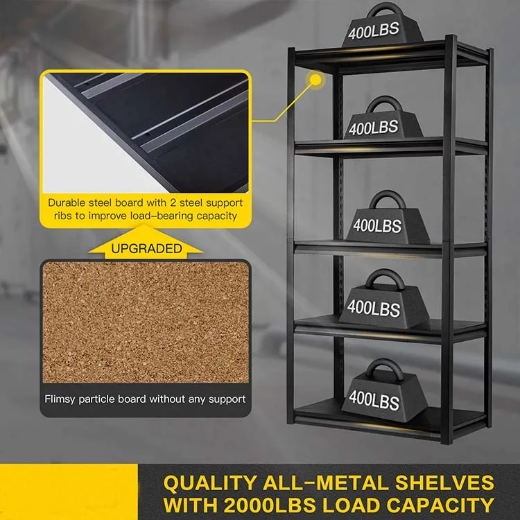Black Metal Garage Rack 5-shelf Steel Shelves Heavy Duty Storage Shelf