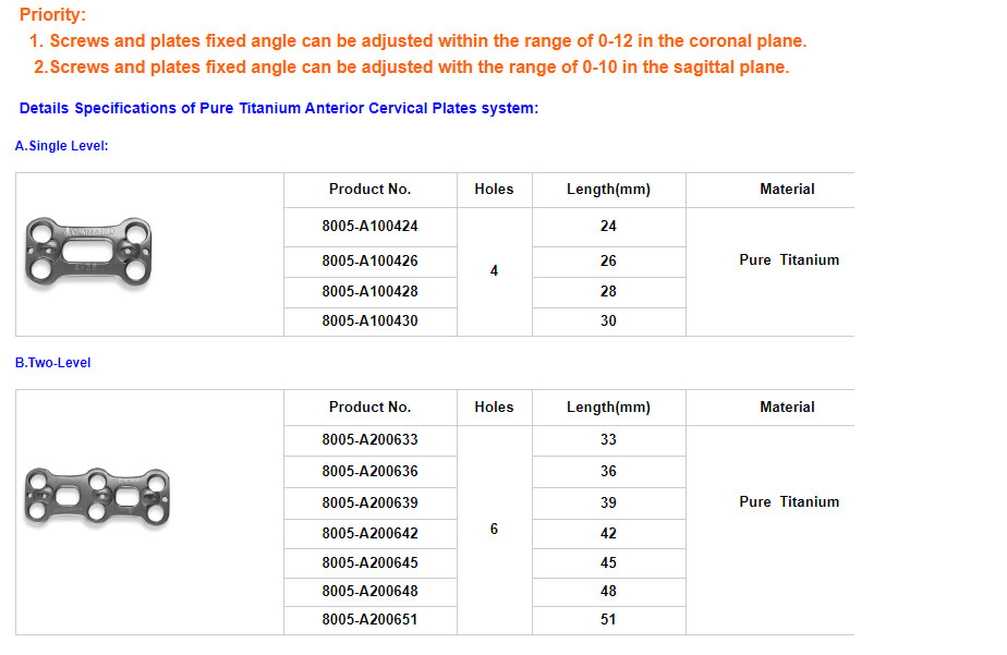 Pure Titanium Anterior Cervical Plates System Orthopedic Implants Plates