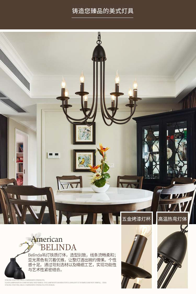 American Chandelier Iron Art E14 Candle Living Room Lamp Simple Restaurant Lamp(WH-CI-151)