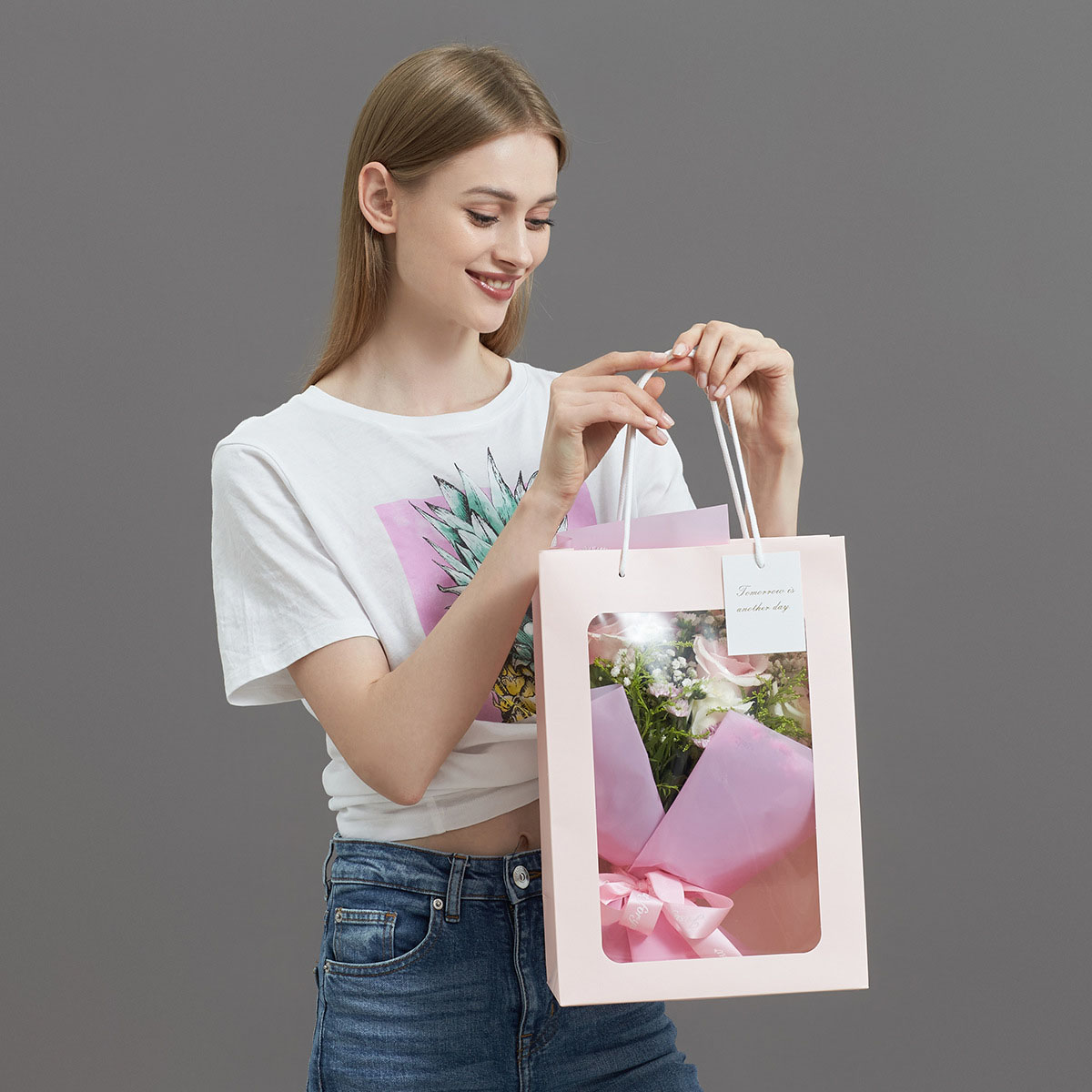 Personalized Designer Paper Bags with Clear Window Custom Your Own Logo on Ivory Board
