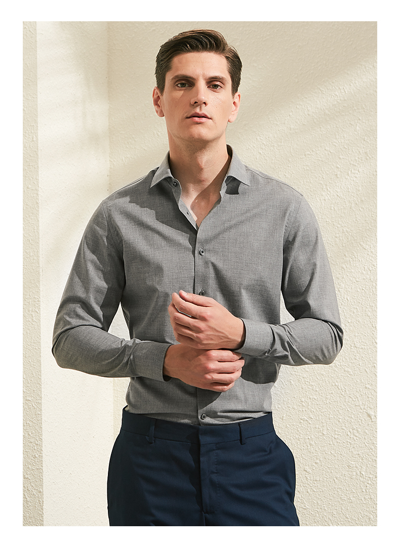 Men's Business Formal Long Sleeve Dress Shirt with Pocket and Slim Fit Design