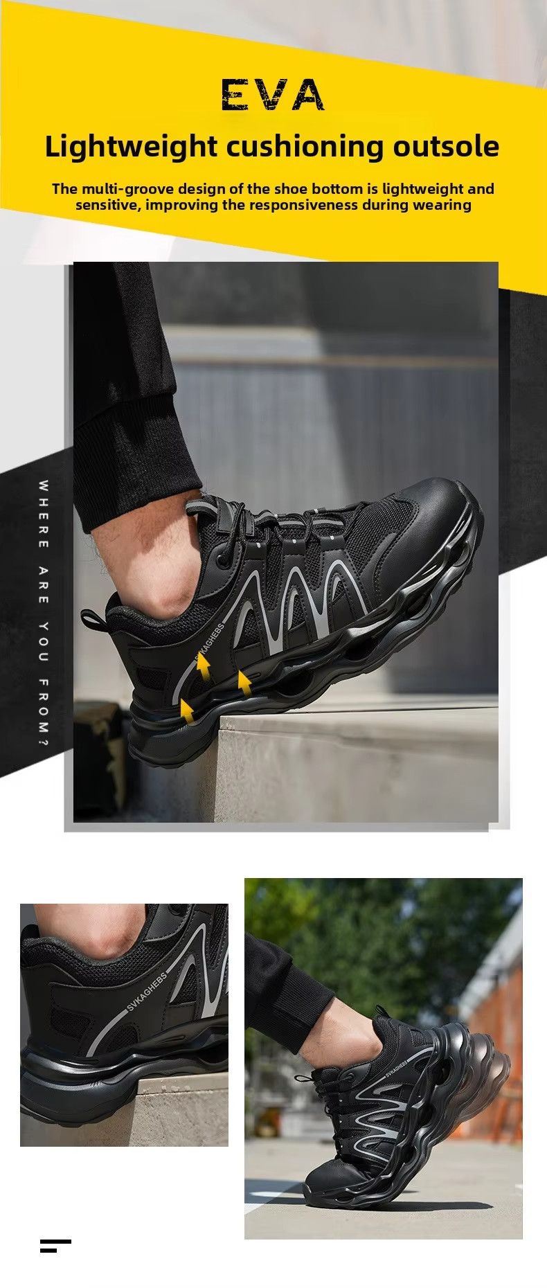Breathable Microfiber Leather Mesh Safety Shoes With Kevlar Anti-stab Steel Toe And EVA Sole In Black