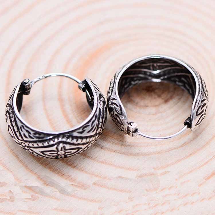 Sterling Silver Vintage Handmade Engraved Designs Hoop Earrings(057584W)
