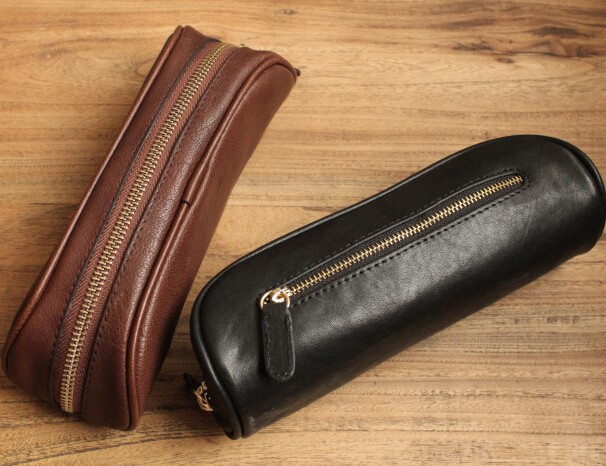 Vintage Genuine Leather Pencil Case , Handmade Artist Pencil Bag High End