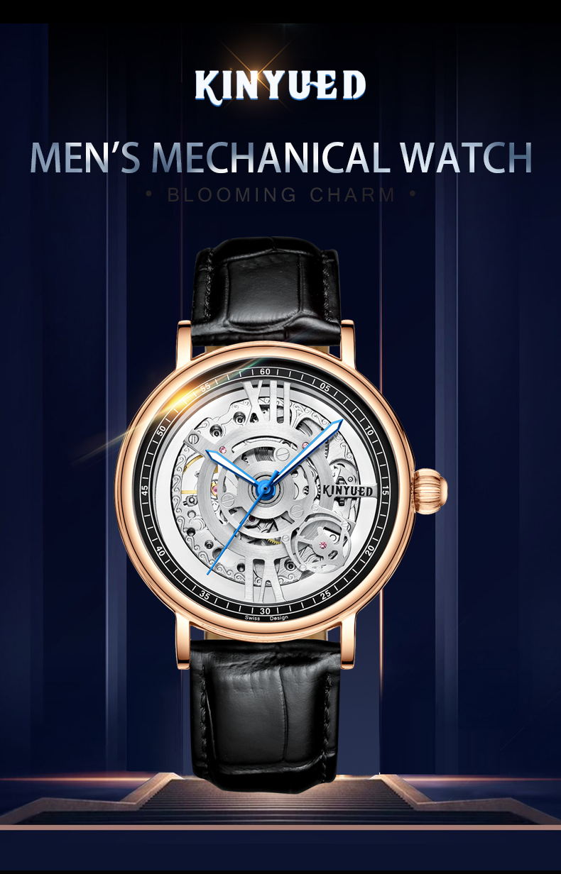KINYUED J069 skeleton luxury leather waterproof quartz oem brand hands wristwatches custom logo wrist mens watch montre