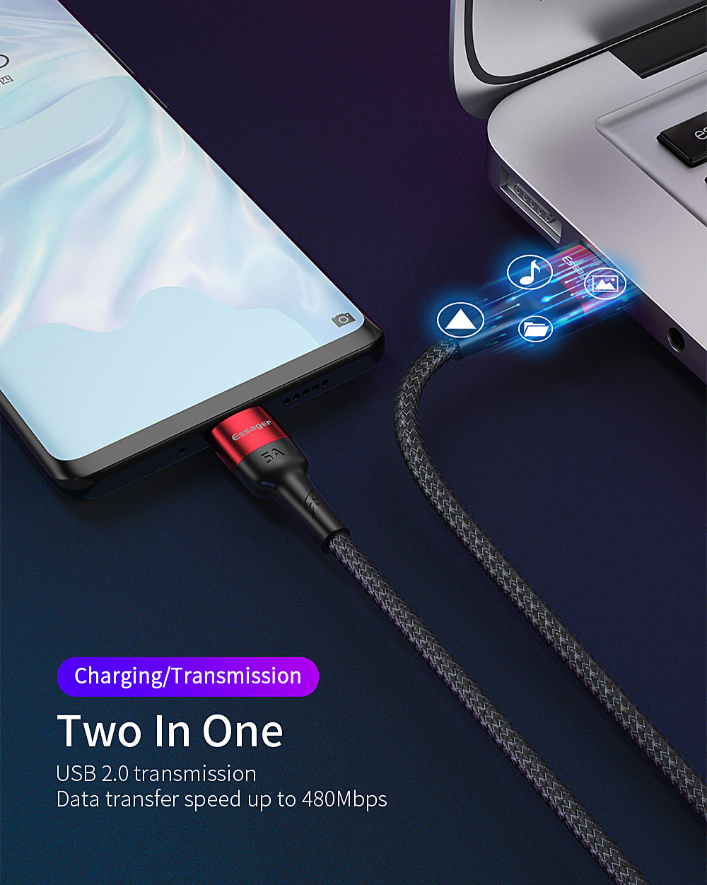 Essager Scud Usb Type C Cable Fast Charging 5A 0.3M 1M 2M for Type C Devices