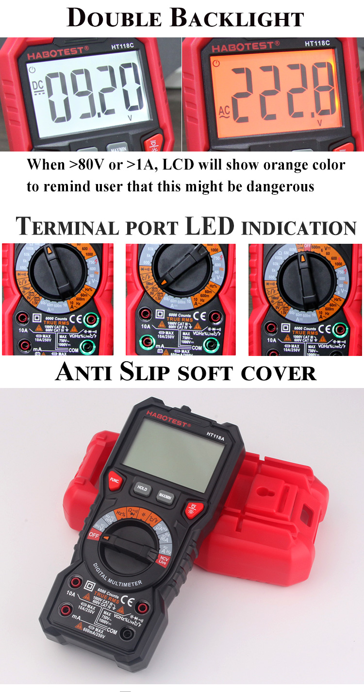 Habotes HT118 AC DC Tester Meter Auto Range Digital Multimeter Voltmeter with Resistance Frequency T-RMS