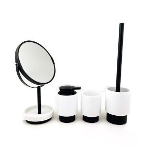 Quality White Sand Stone Polyresin Bathroom Accessories Set Round Tumbler Holder With Black Metal wholesale