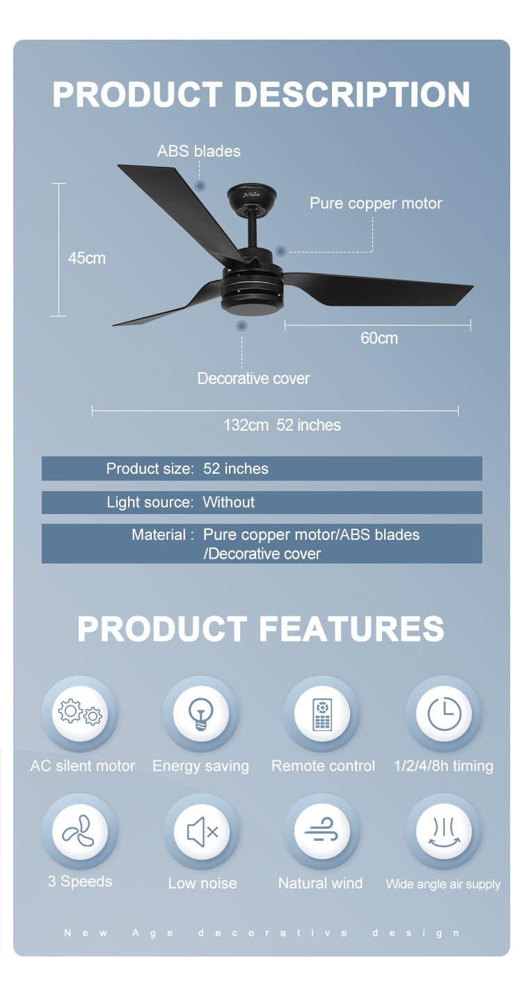 1stshine Ceiling Fan Without Light Timer Simple Design 3 Rotary Vane ABS Blade AC Motor