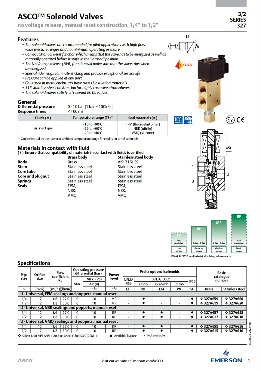 Brass Stainless Steel ASCO 8327 2 Position 3 Way Solenoid Valve Dual Chamber Design
