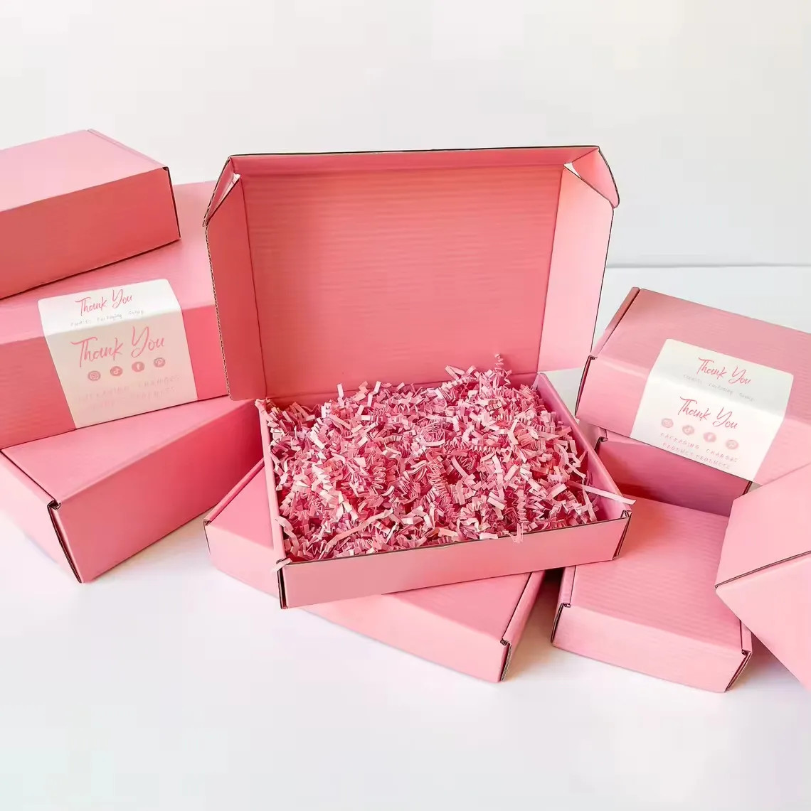 Custom Logo Printing Cardboard Shipping Mailer Box Pink Cosmetics Mailing Packaging Boxes With Raffias