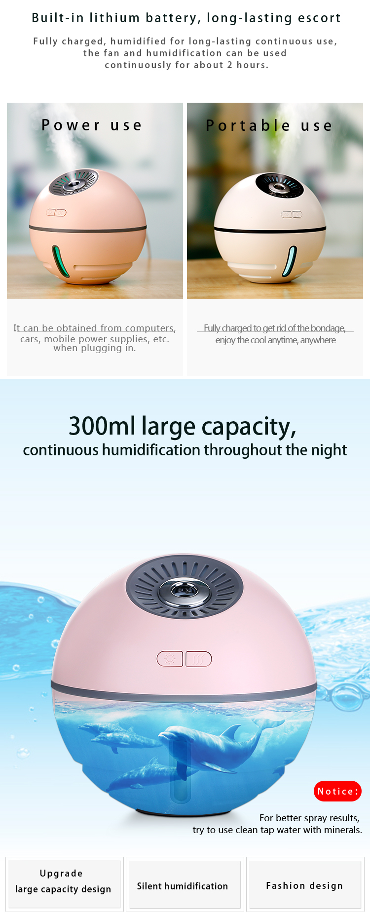 Two Colour Space Ball Home Ultrasonic Humidifier Changeable Colour LED Light Cool Mist