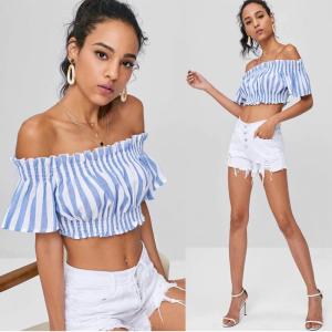 Quality Apparel Womens Striped Off Shoulder Cropped Top wholesale