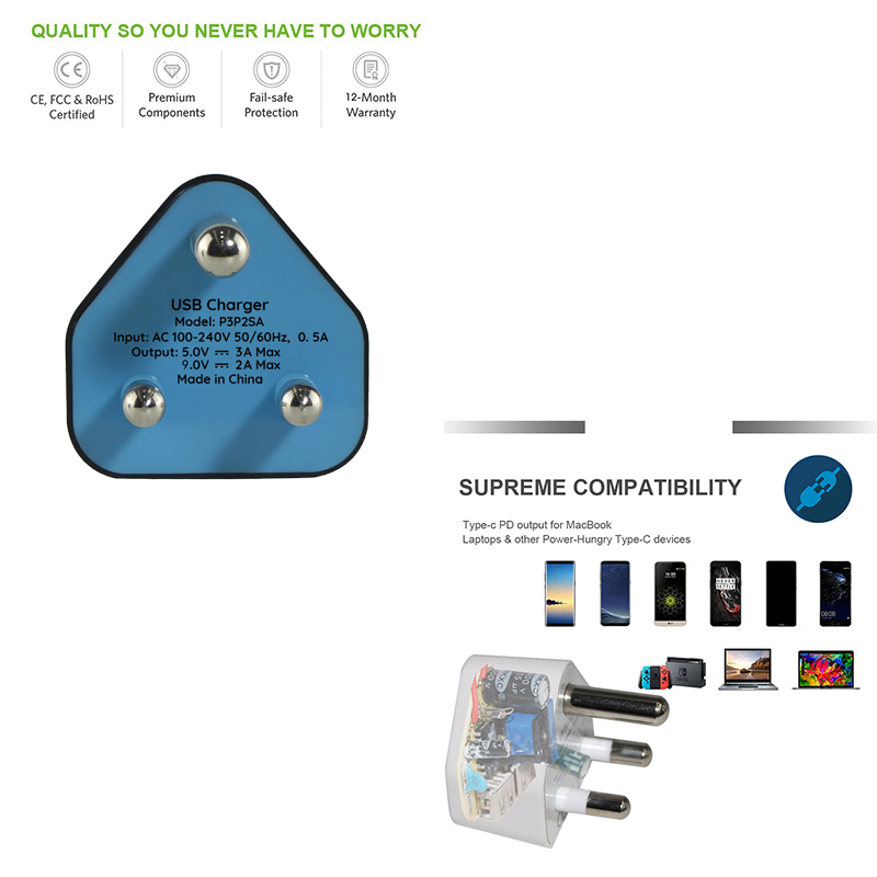 SA Plug USB Charger with USB-C and USB-A Ports 