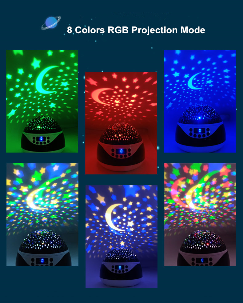Built-in 12 Light Songs 360 Degree Rotating 8 Colorful Night Light Projector Remote Control and Timer Design Projection
