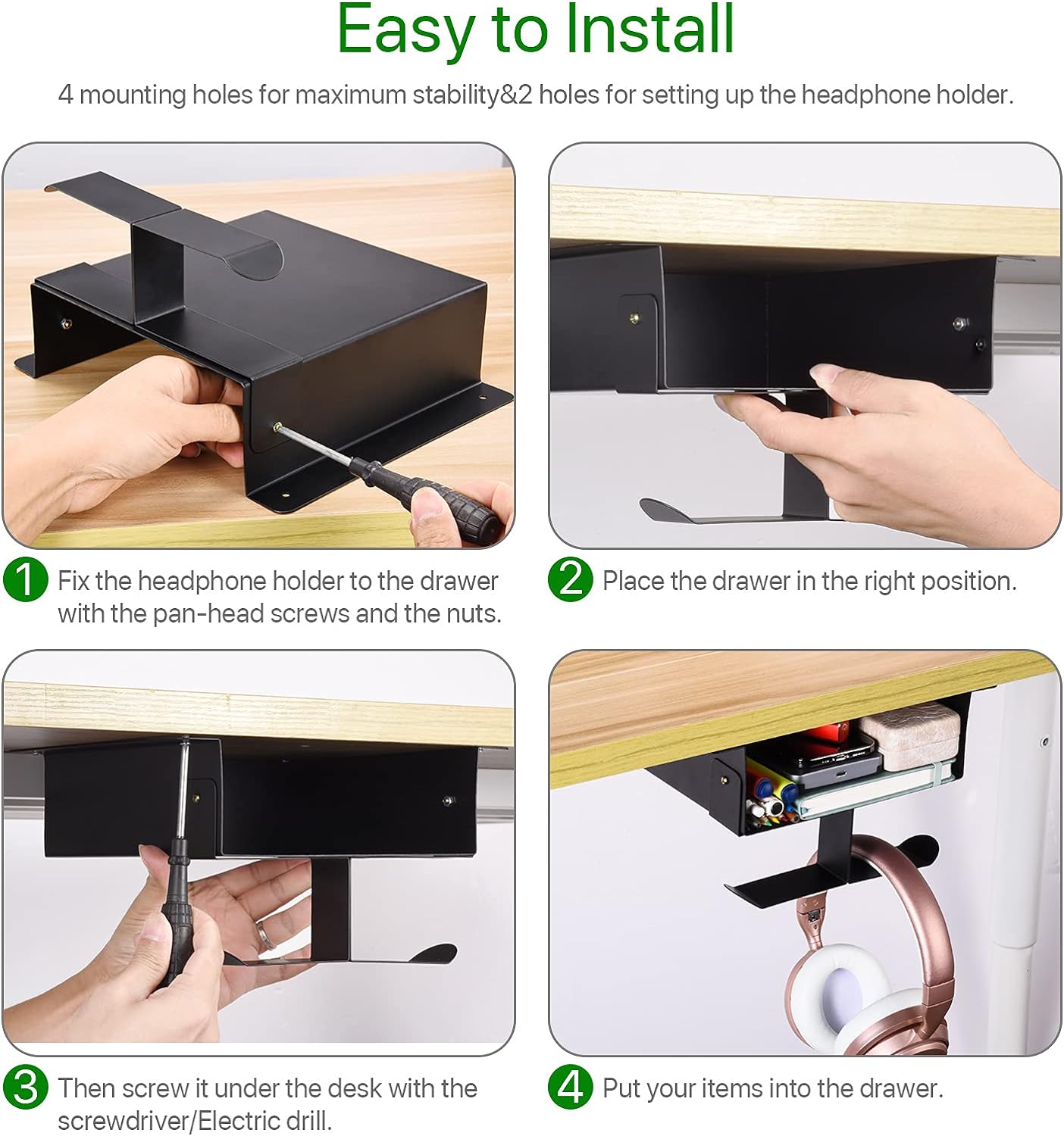 Space Saving Under Desk Storage Shelf with Dual Headset Hanger Hook and Hidden Drawer