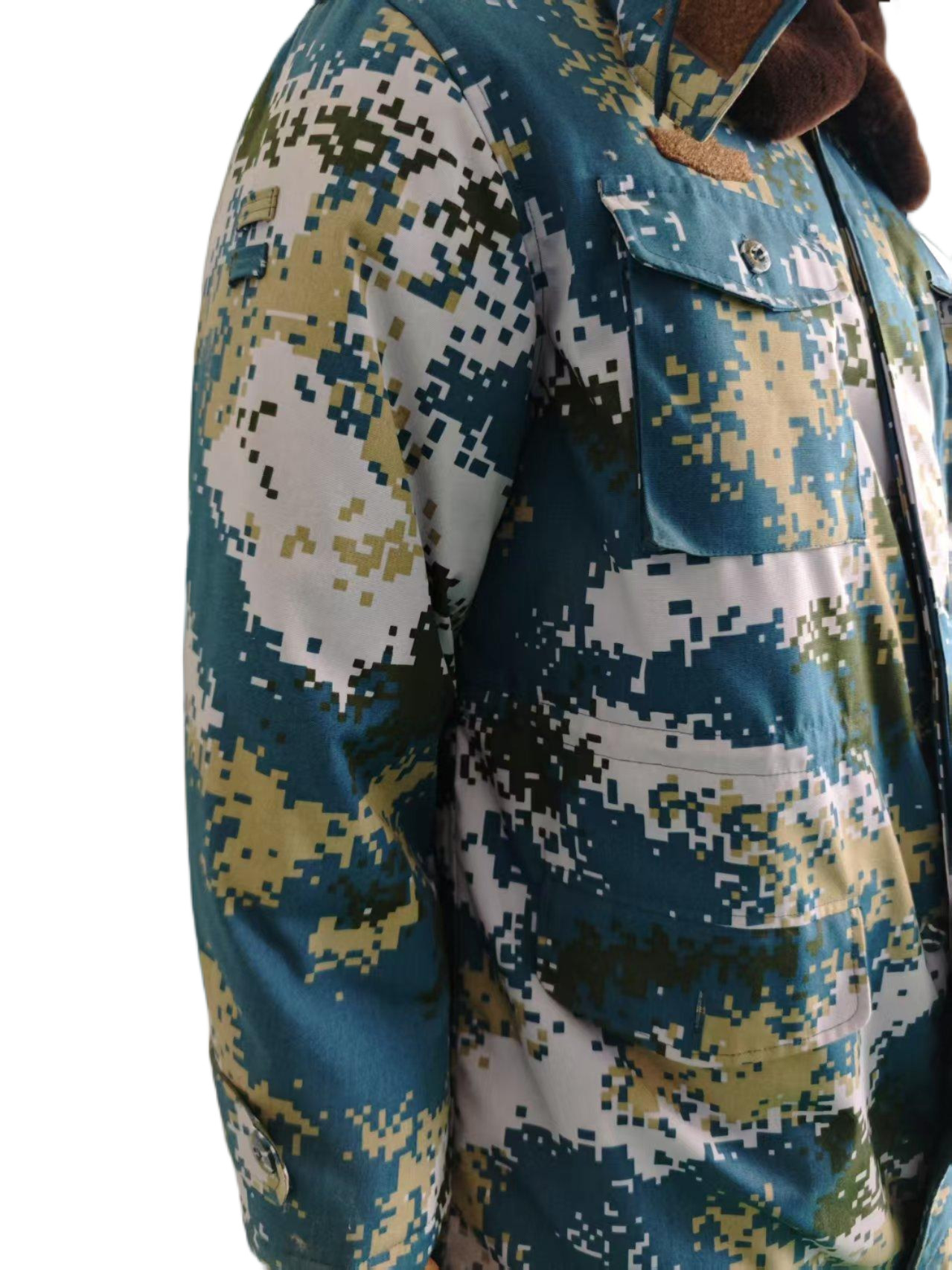 Tactical Blue Camo Insulated Jacket - Detachable Thermal Liner & Adjustable Waist Strap