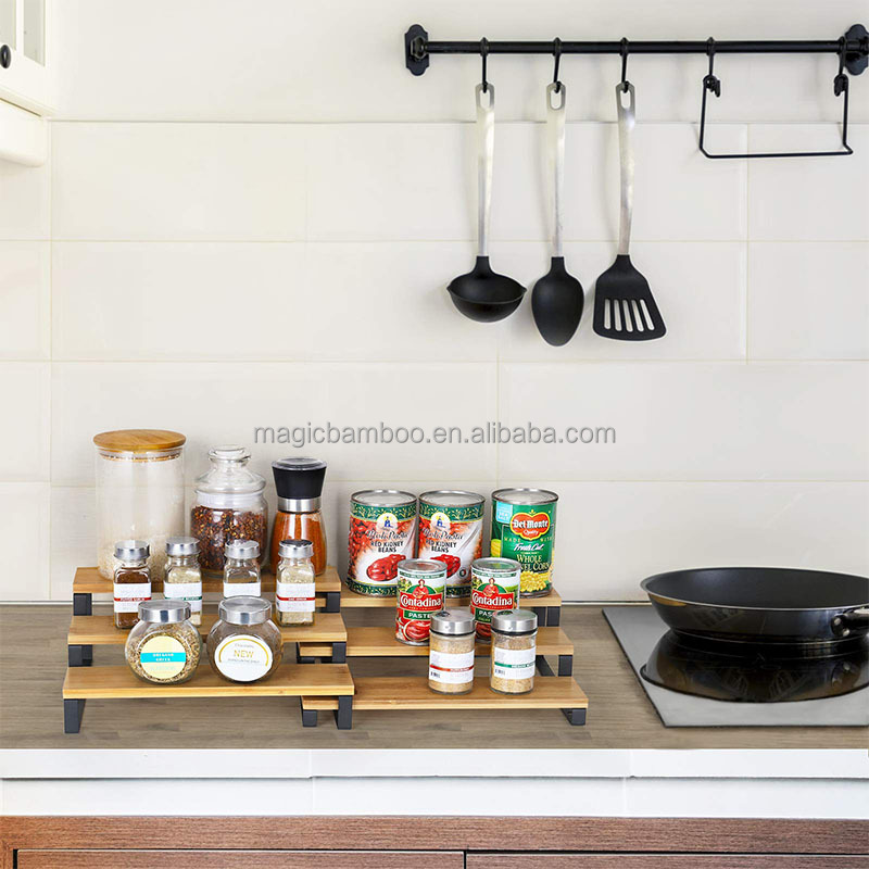 3 Tier Expandable Bamboo Kitchen Shelf Organizer Spice Rack Sustainable