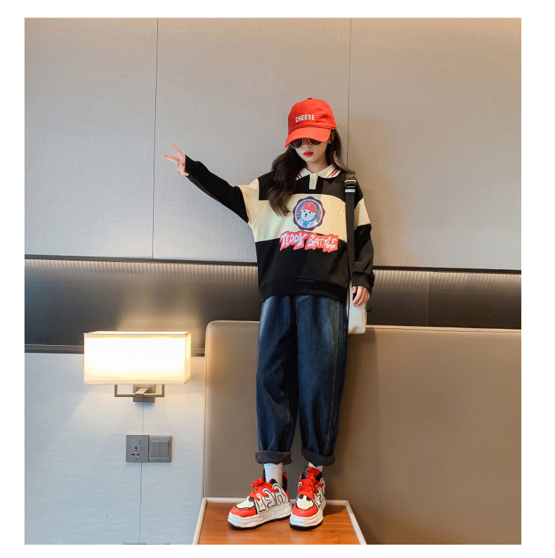 Girls' hoodie children's Spring and Autumn clothing color matching warm casual cartoon top for 4-16 years old children