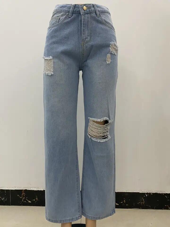 Fashion Loose Light Blue Denim Pants Wide Leg Ripped Jeans for Women