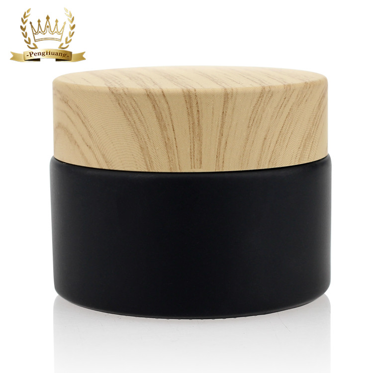 Cosmetic Packaging Set Bamboo Color Screw Cap Black Matte Glass Jars 50g
