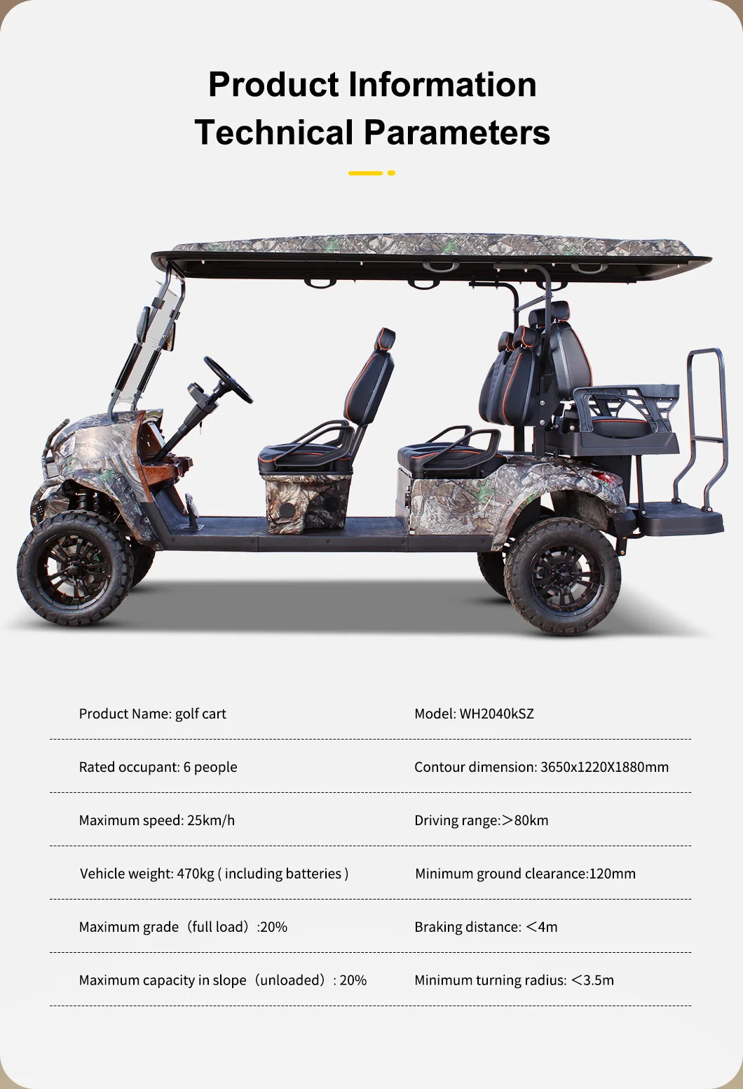 Electric Hunting Golf Cart Off Road 6 Passenger 5KW AC Motor 70-90km Driving Mileage