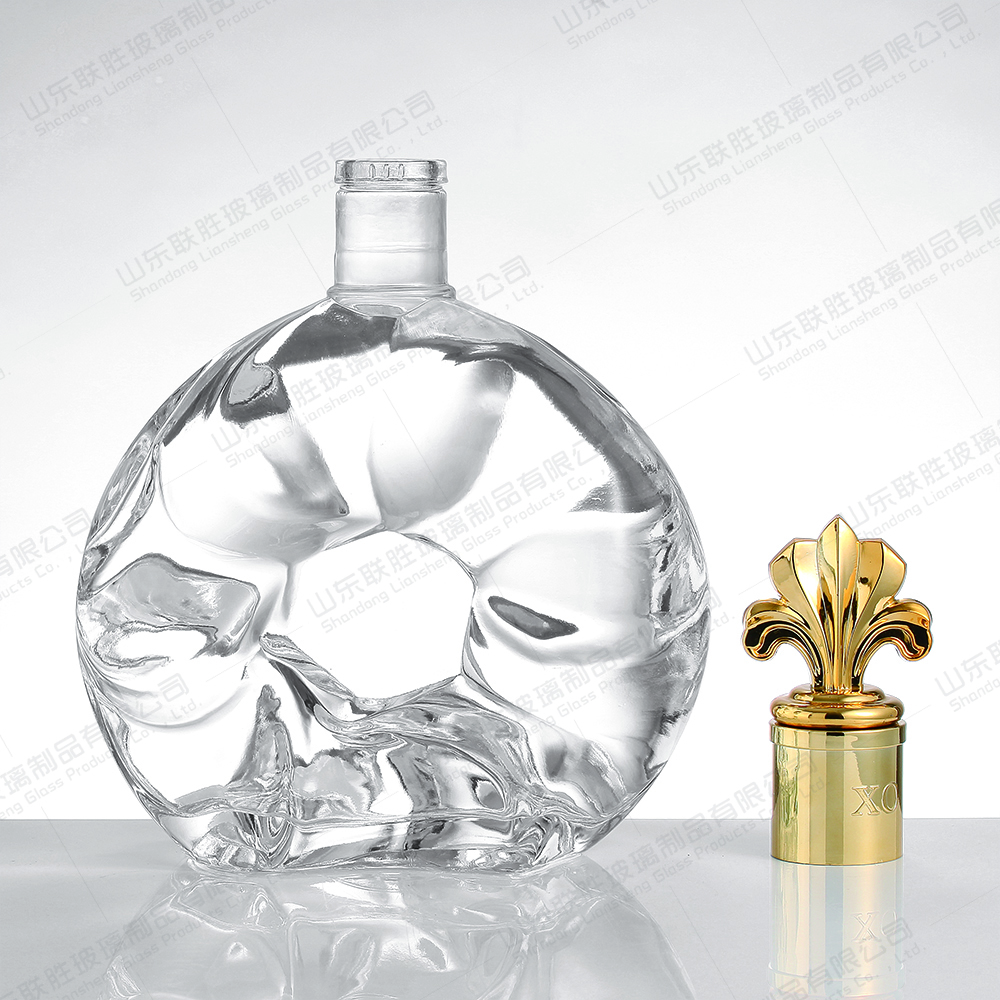 Custom Transparent Round Empty Vodka Brandy Gin Rum Liquor Spirit Glass Bottle With Screw Cap Cork