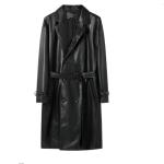 Csutom Men Leather Long Black Hip Hop Double Breasted Trench Coat