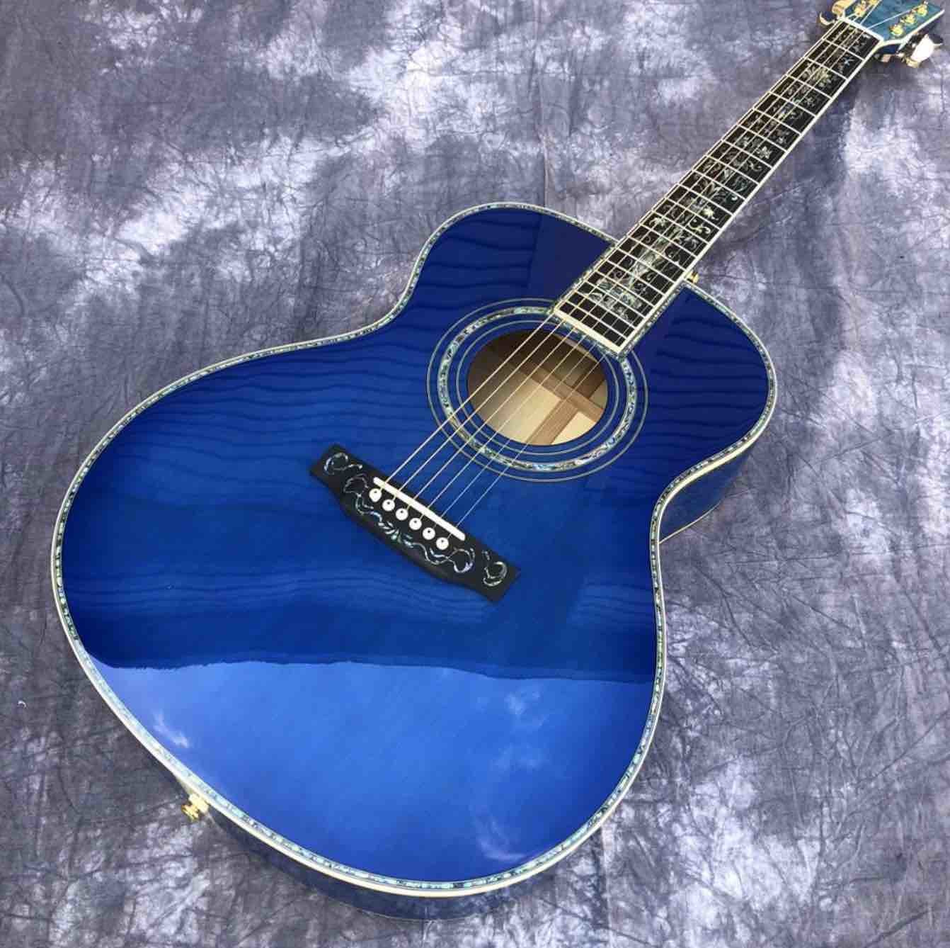 Solid spruce top OM style Acoustic Guitar,Abalone Ebony fingerboard Blue Burst Maple back and sides Acoustic Guitar