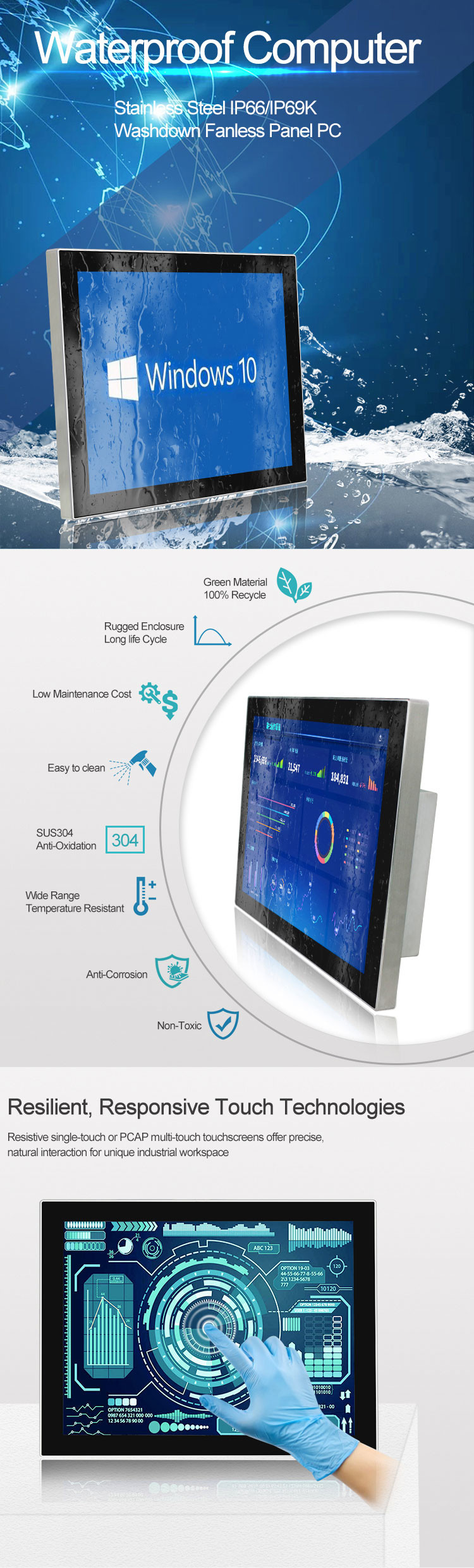 Desktop Outdoor INOX IP69K Panel PC I3 Waterproof Wall Mount Industrial Computer
