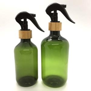 China Boston round PET plastic bottle 500ml with bamboo trigger sprayer PCR PET bottle on sale