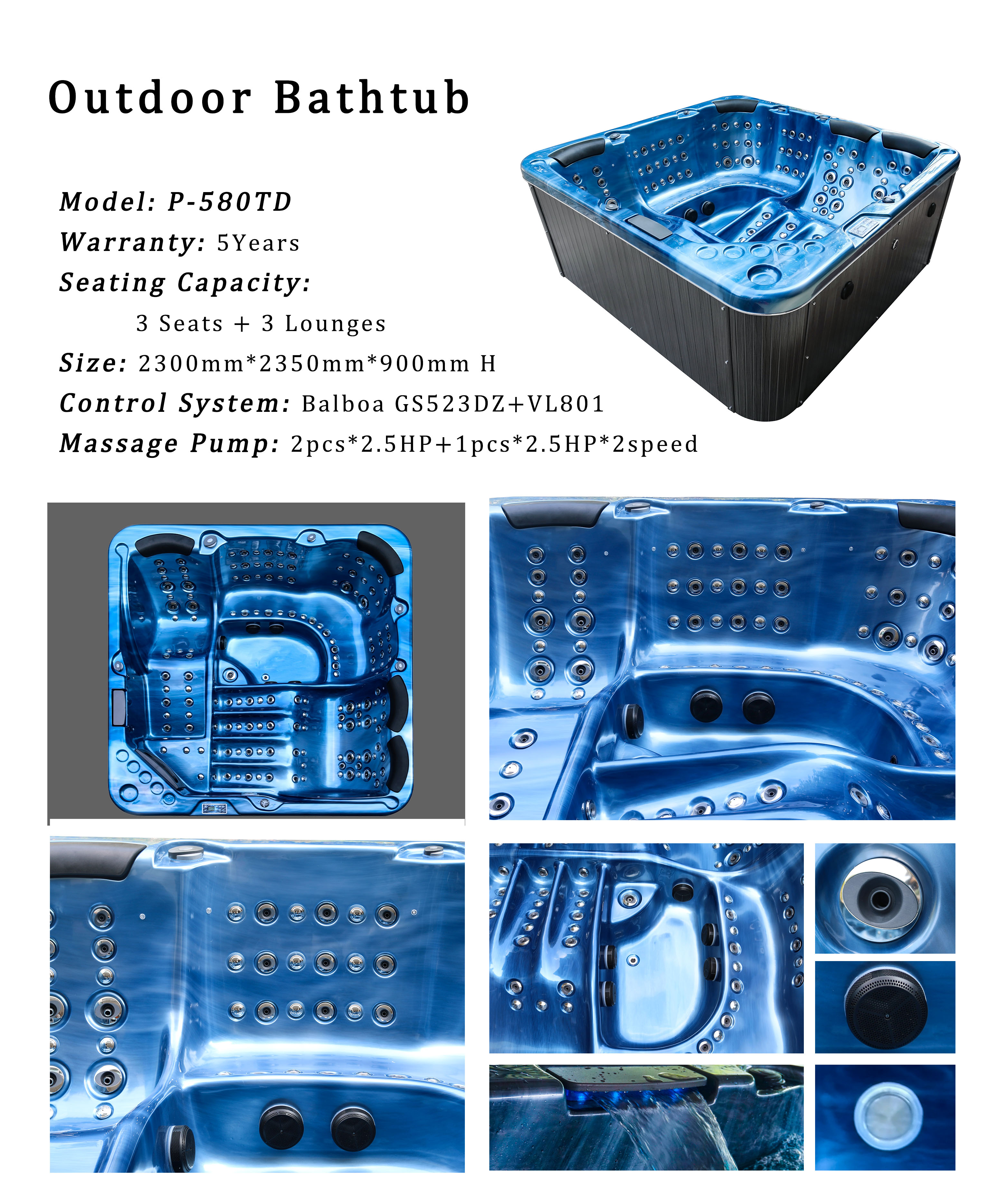 6 Person Acrylic Freestanding Massage Hot Tub Outdoor Whirlpool Spa Bathtub With 3 Seats & 3 Loungers