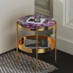 Stainless Steel Two Tier Set Bed Side Tables Golden Frame Round Marble